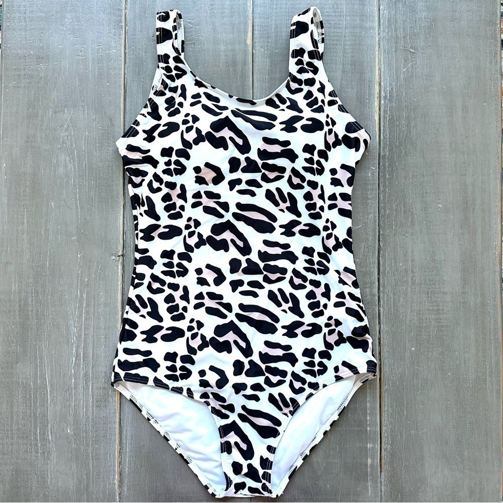 Leopard Print Modest One Piece Swimsuit White Black Tan Full Coverage